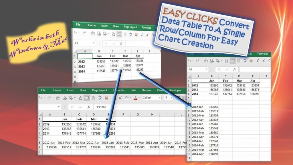 Excel Data Rearranging Tool - Convert Data Table to A Single Row or Column (for Windows & Mac)
