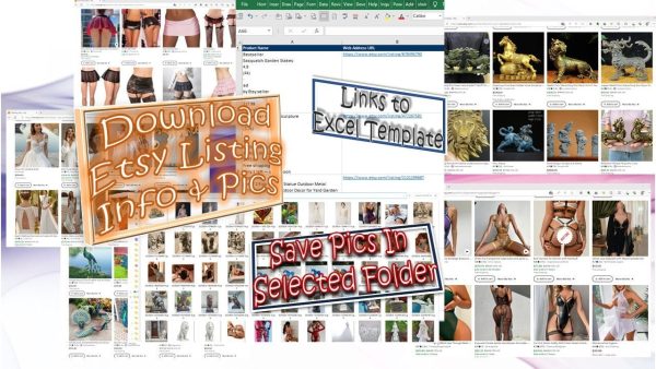 Etsy Listing Info Automatic Download Excel Template - Download Links+Pictures+Videos of Etsy Listings - from Product Search or an Etsy Shop