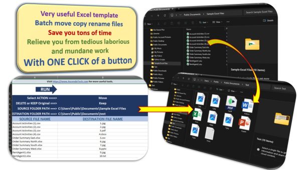 Excel VBA batch move copy rename files, mass move copy rename files.